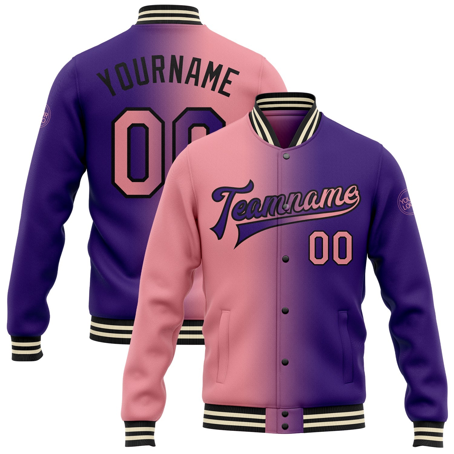 Custom Purple Medium Pink-Black Bomber Full-Snap Varsity Letterman Gradient Fashion Jacket - Main View