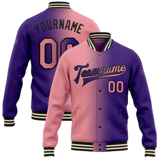 Custom Purple Medium Pink-Black Bomber Full-Snap Varsity Letterman Gradient Fashion Jacket - Main View