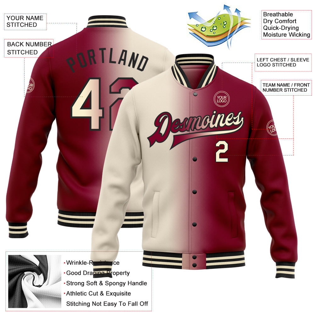 Custom Maroon Cream-Black Bomber Full-Snap Varsity Letterman Gradient Fashion Jacket view 5