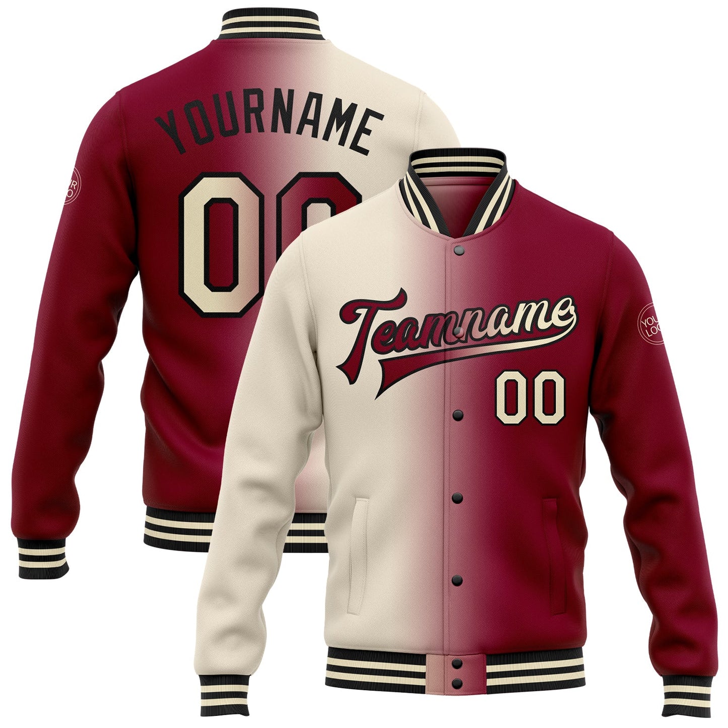 Custom Maroon Cream-Black Bomber Full-Snap Varsity Letterman Gradient Fashion Jacket - Main View