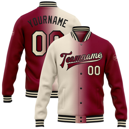 Custom Maroon Cream-Black Bomber Full-Snap Varsity Letterman Gradient Fashion Jacket - Main View