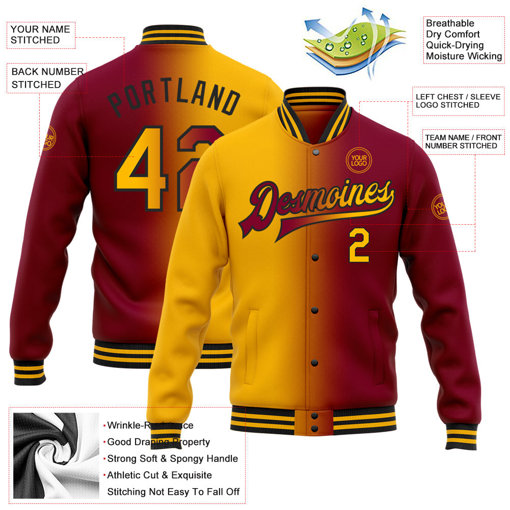 Custom Maroon Gold-Black Bomber Full-Snap Varsity Letterman Gradient Fashion Jacket view 5