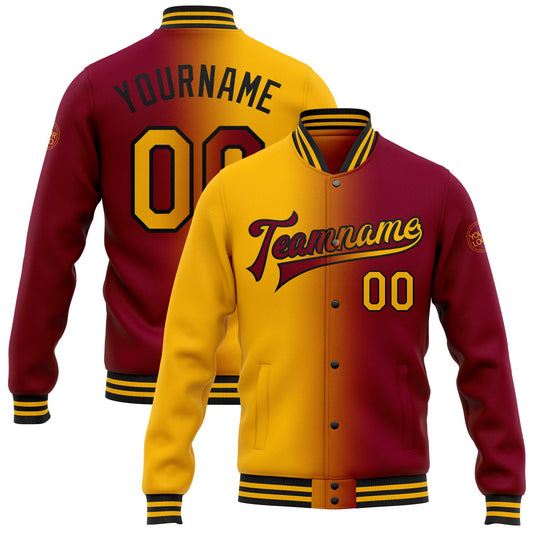 Custom Maroon Gold-Black Bomber Full-Snap Varsity Letterman Gradient Fashion Jacket - Main View