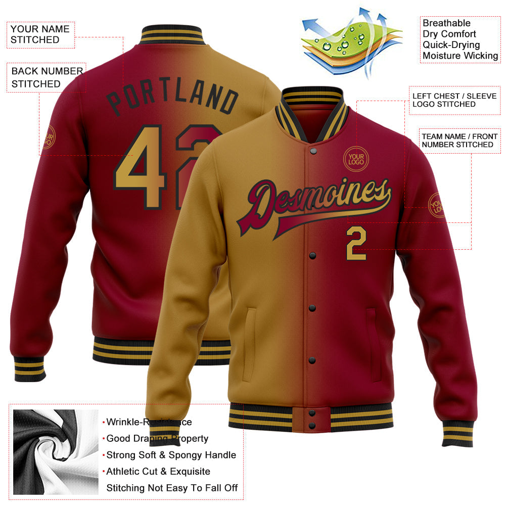 Custom Maroon Old Gold-Black Bomber Full-Snap Varsity Letterman Gradient Fashion Jacket view 5