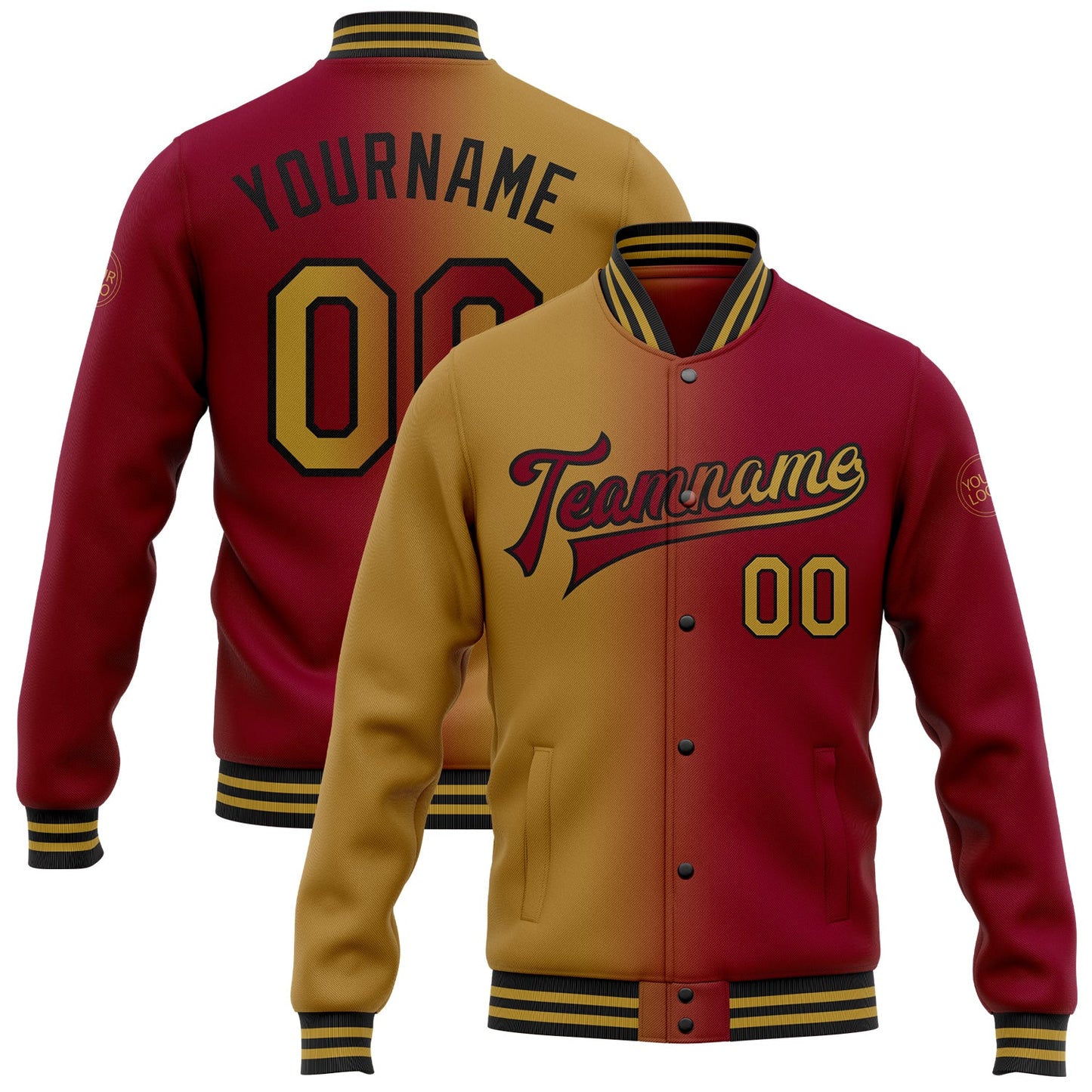 Custom Maroon Old Gold-Black Bomber Full-Snap Varsity Letterman Gradient Fashion Jacket - Main View