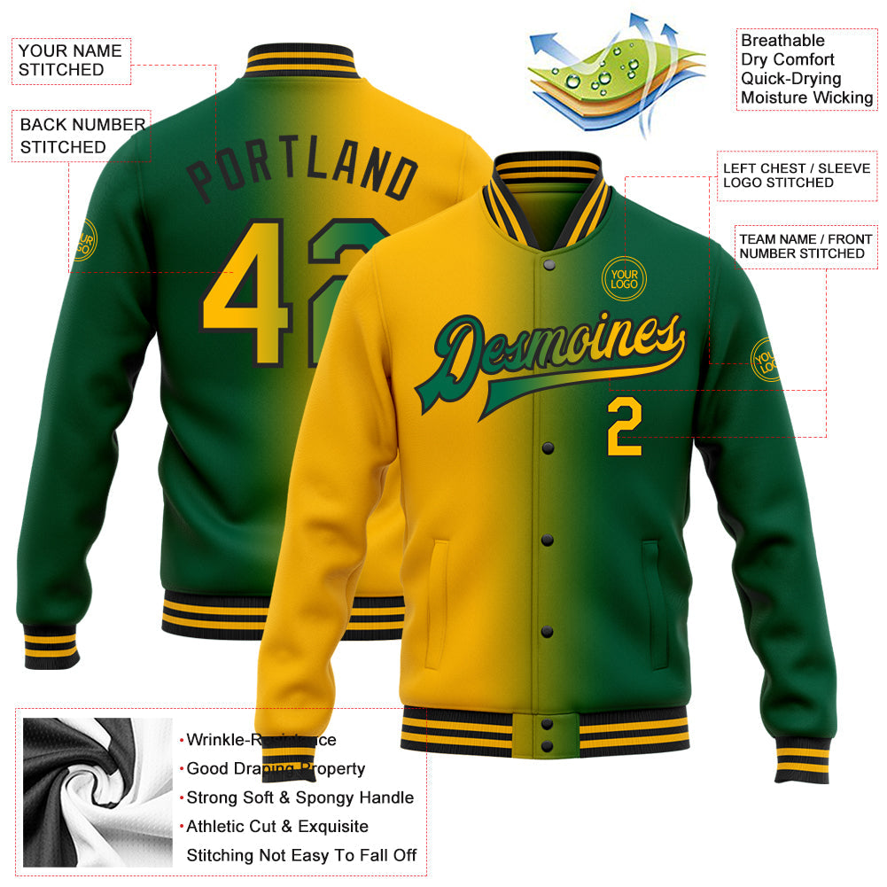Custom Kelly Green Gold-Black Bomber Full-Snap Varsity Letterman Gradient Fashion Jacket view 5