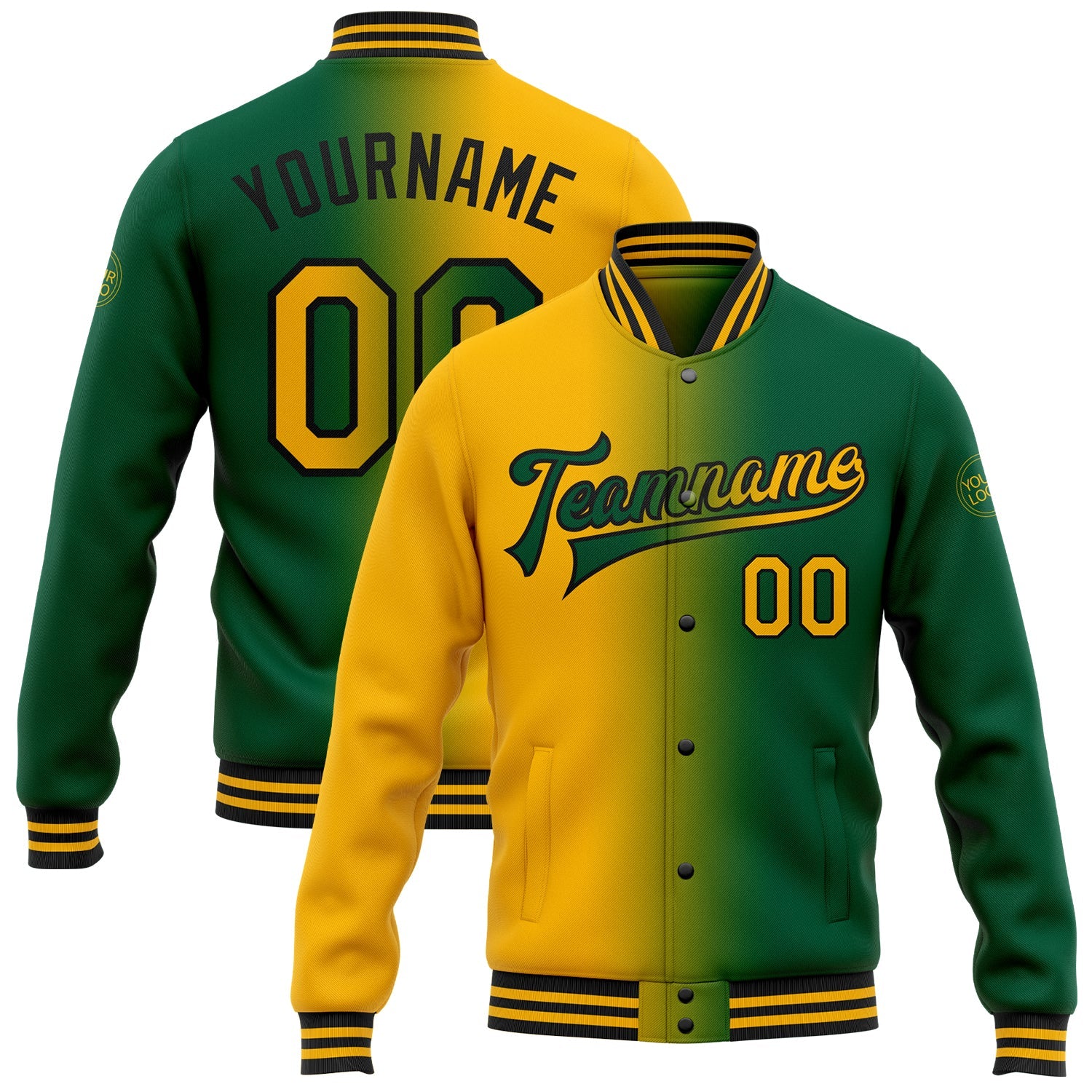 Custom Kelly Green Gold-Black Bomber Full-Snap Varsity Letterman Gradient Fashion Jacket - Main View