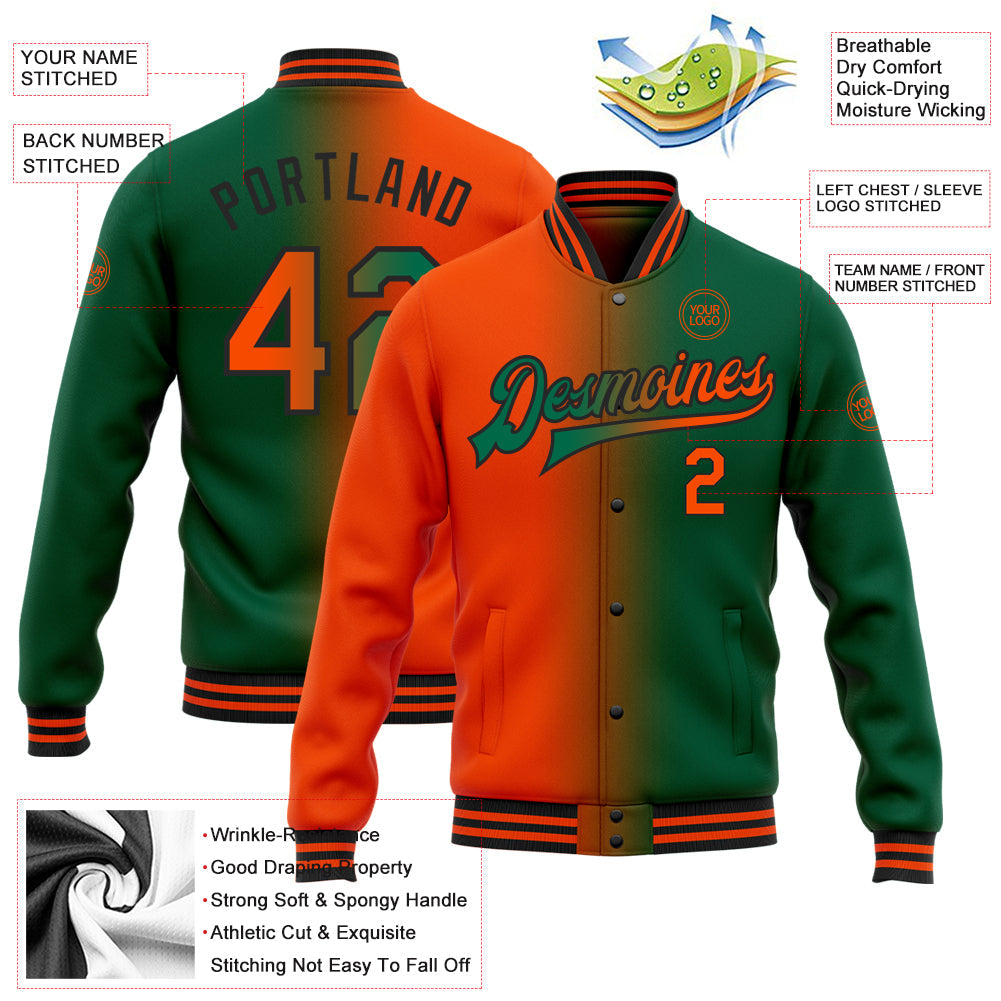 Custom Kelly Green Orange-Black Bomber Full-Snap Varsity Letterman Gradient Fashion Jacket view 5