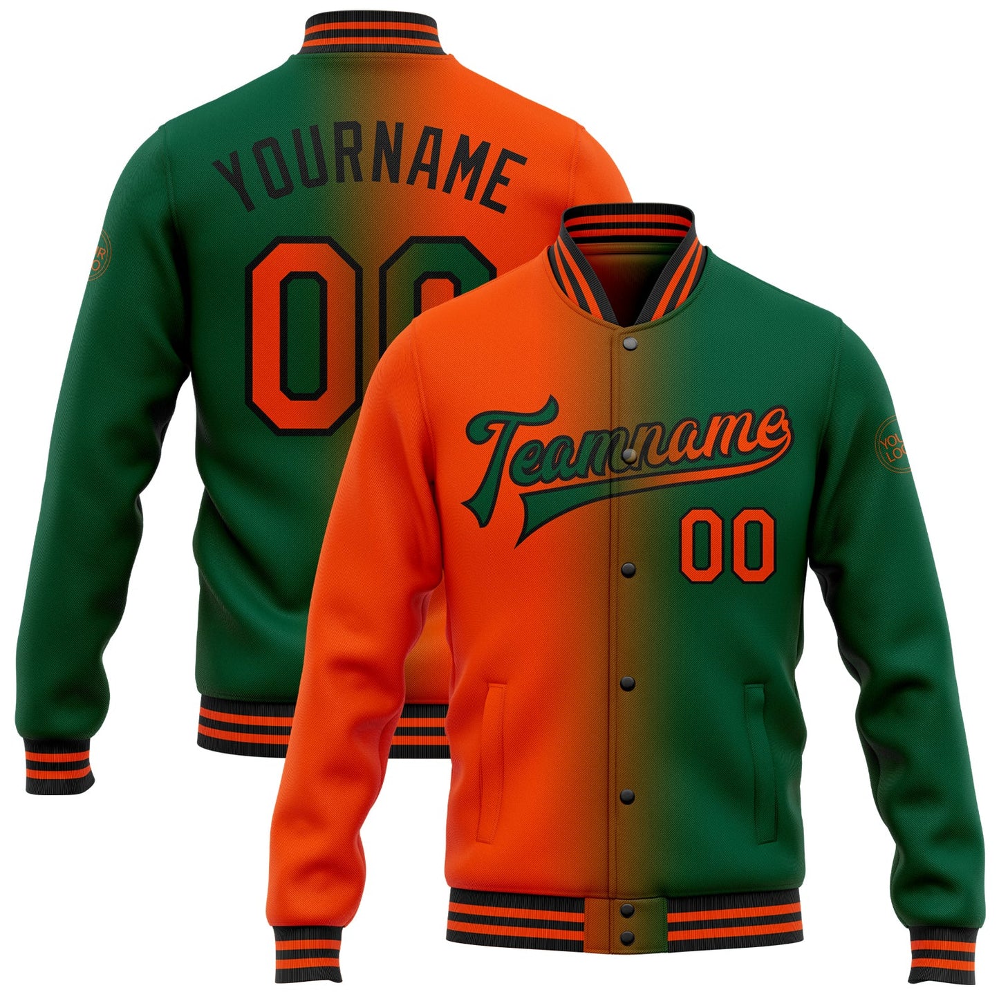 Custom Kelly Green Orange-Black Bomber Full-Snap Varsity Letterman Gradient Fashion Jacket - Main View