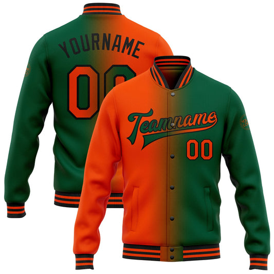 Custom Kelly Green Orange-Black Bomber Full-Snap Varsity Letterman Gradient Fashion Jacket - Main View