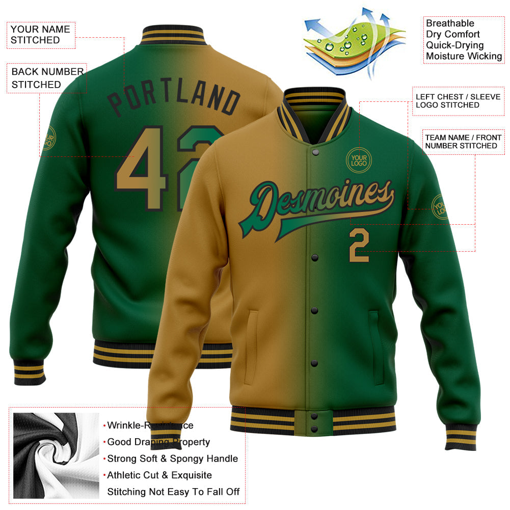 Custom Kelly Green Old Gold-Black Bomber Full-Snap Varsity Letterman Gradient Fashion Jacket view 5