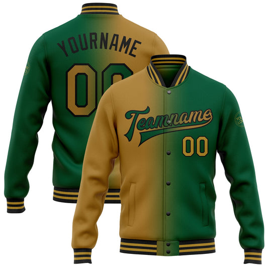 Custom Kelly Green Old Gold-Black Bomber Full-Snap Varsity Letterman Gradient Fashion Jacket - Main View