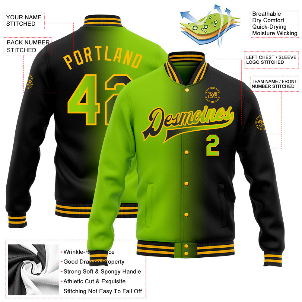 Custom Black Neon Green-Gold Bomber Full-Snap Varsity Letterman Gradient Fashion Jacket view 5