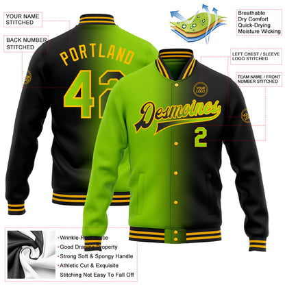 Custom Black Neon Green-Gold Bomber Full-Snap Varsity Letterman Gradient Fashion Jacket view 5