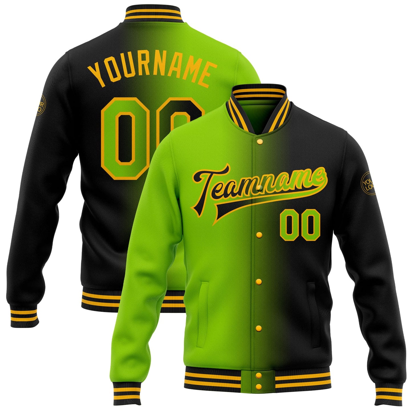 Custom Black Neon Green-Gold Bomber Full-Snap Varsity Letterman Gradient Fashion Jacket - Main View