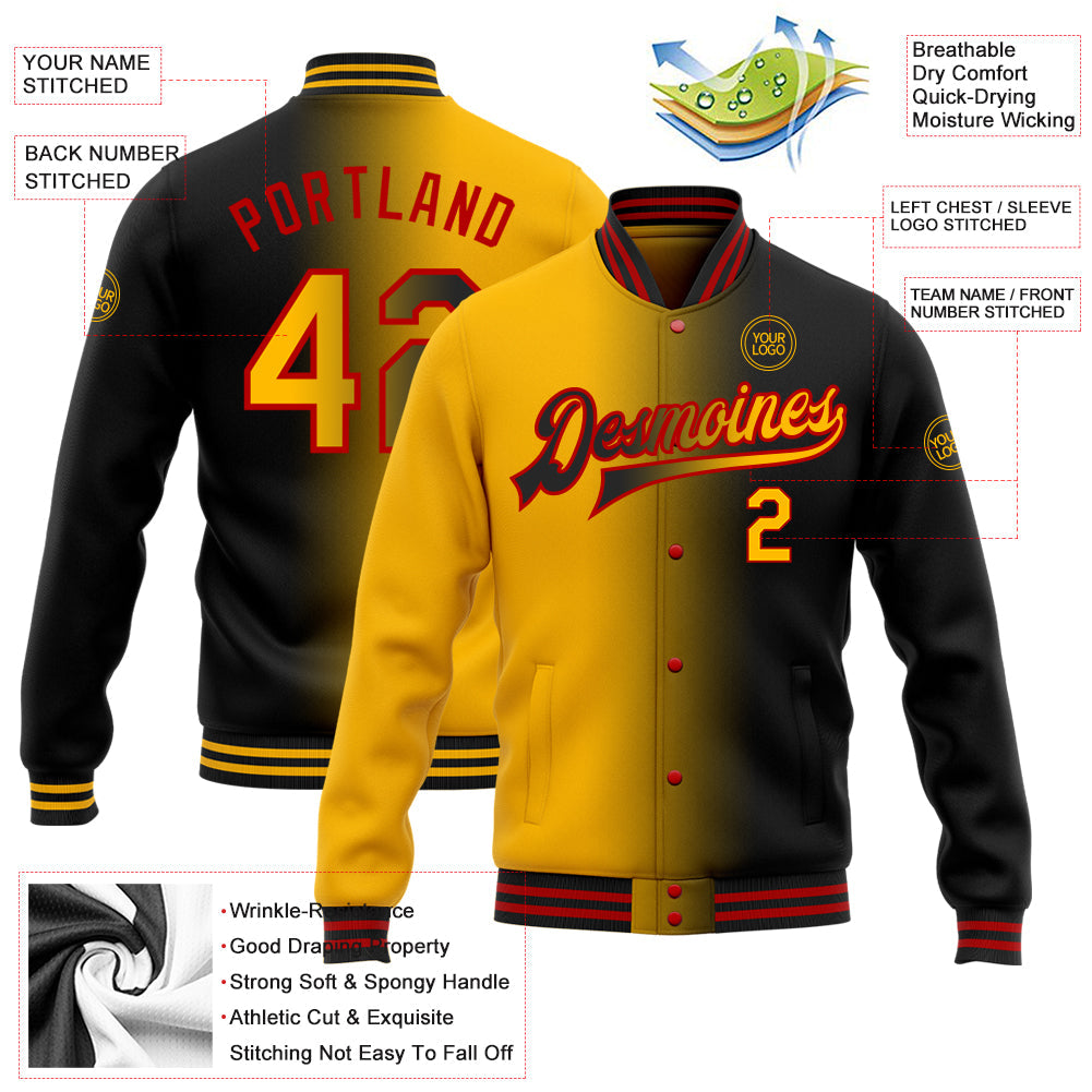 Custom Black Gold-Red Bomber Full-Snap Varsity Letterman Gradient Fashion Jacket view 5