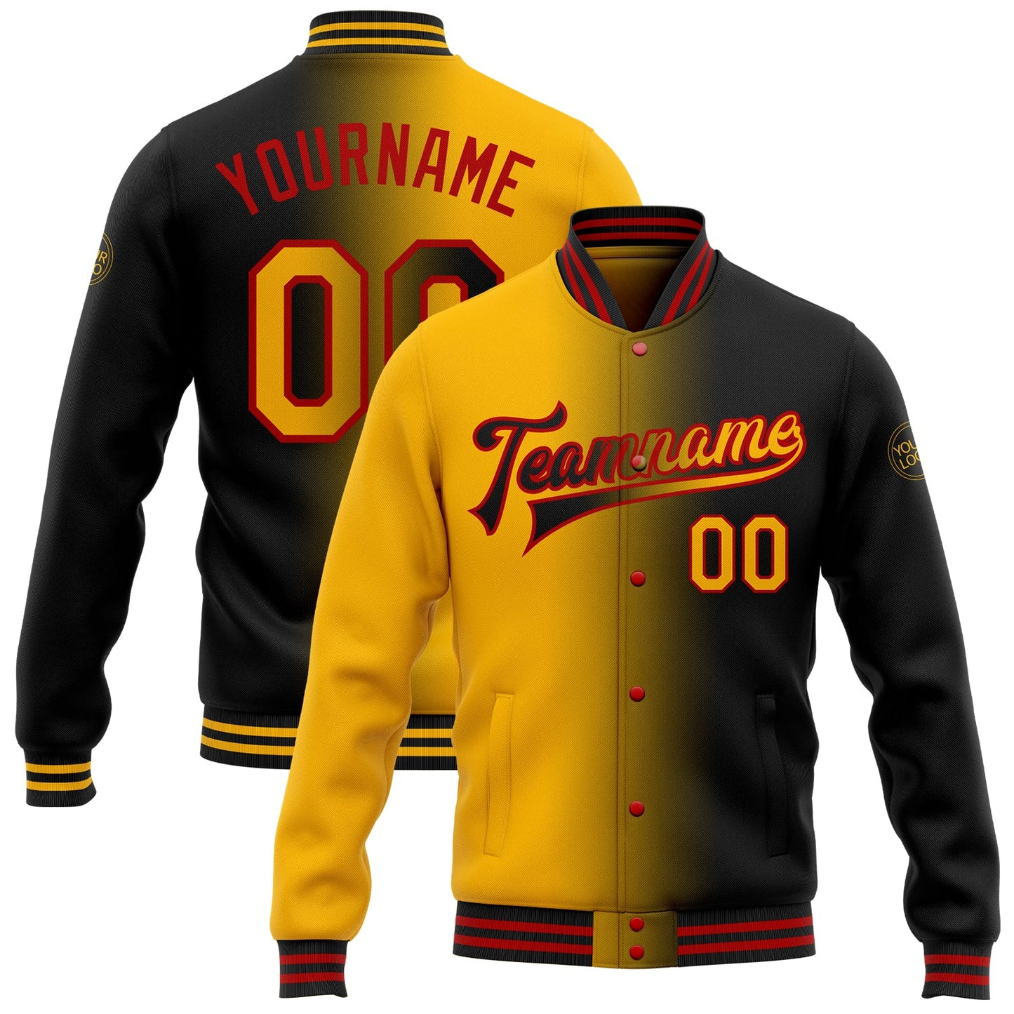 Custom Black Gold-Red Bomber Full-Snap Varsity Letterman Gradient Fashion Jacket - Main View