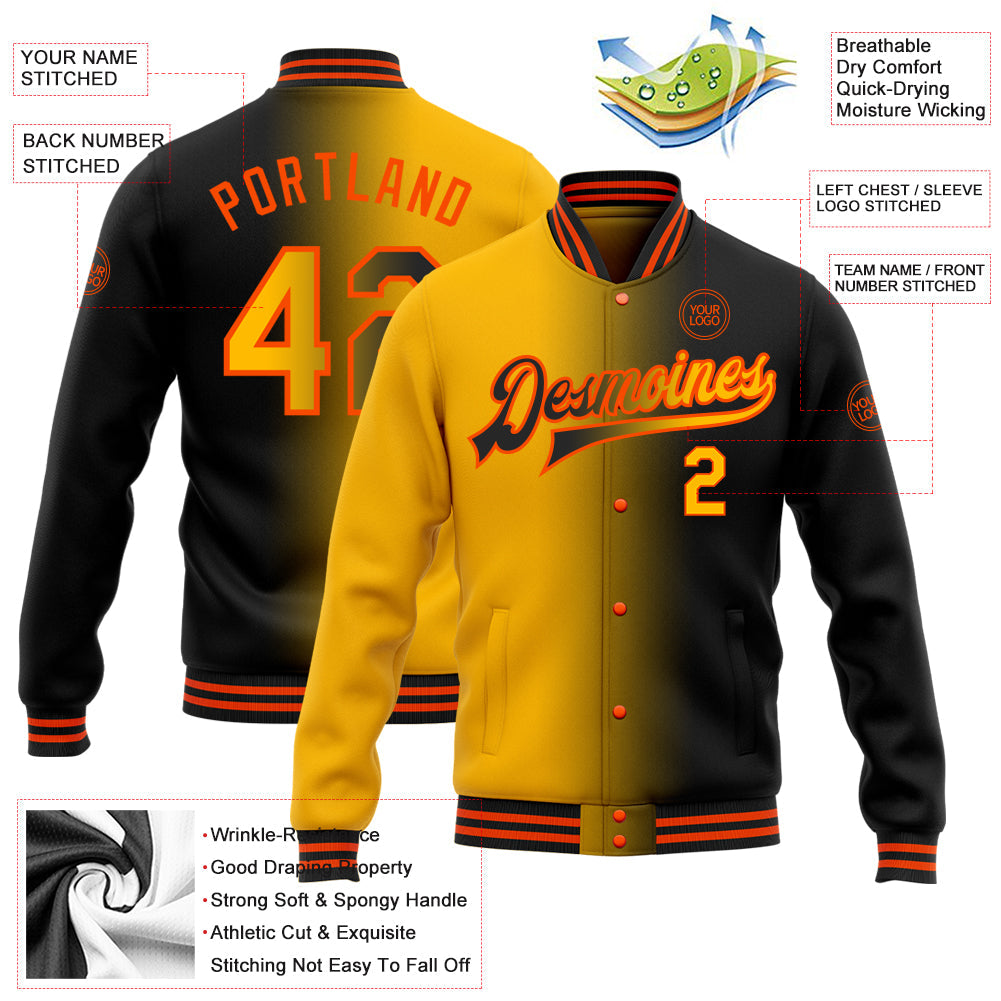Custom Black Gold-Orange Bomber Full-Snap Varsity Letterman Gradient Fashion Jacket view 5