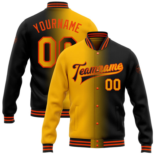 Custom Black Gold-Orange Bomber Full-Snap Varsity Letterman Gradient Fashion Jacket - Main View