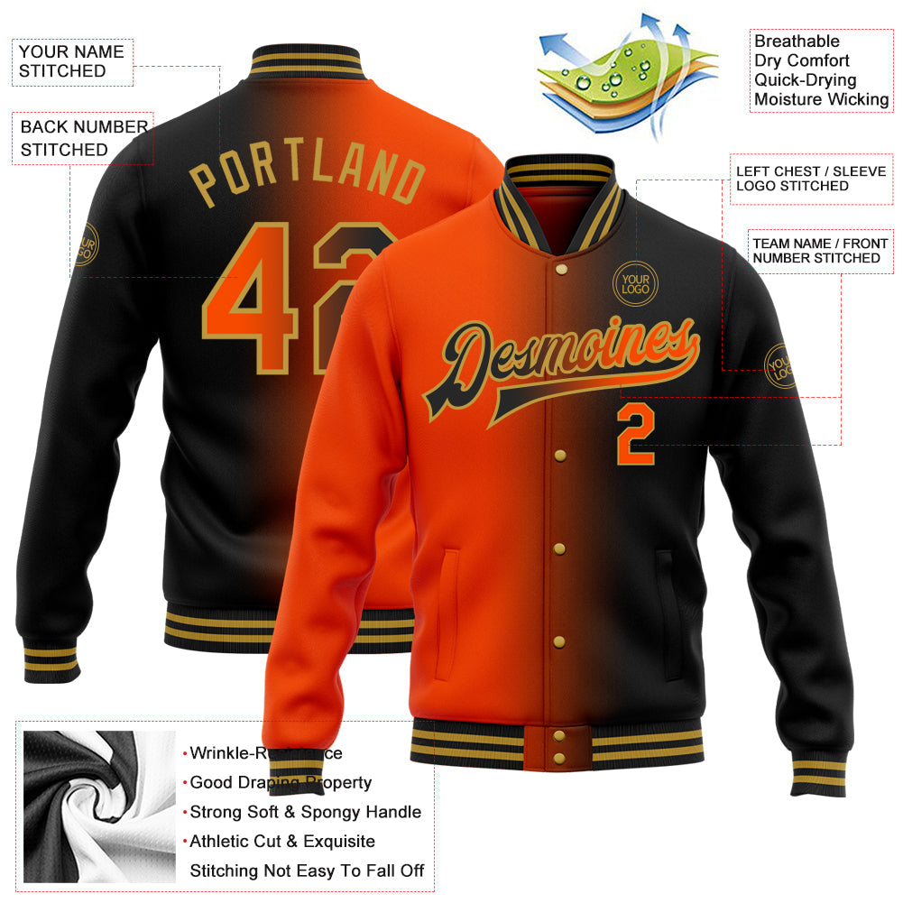 Custom Black Orange-Old Gold Bomber Full-Snap Varsity Letterman Gradient Fashion Jacket view 5