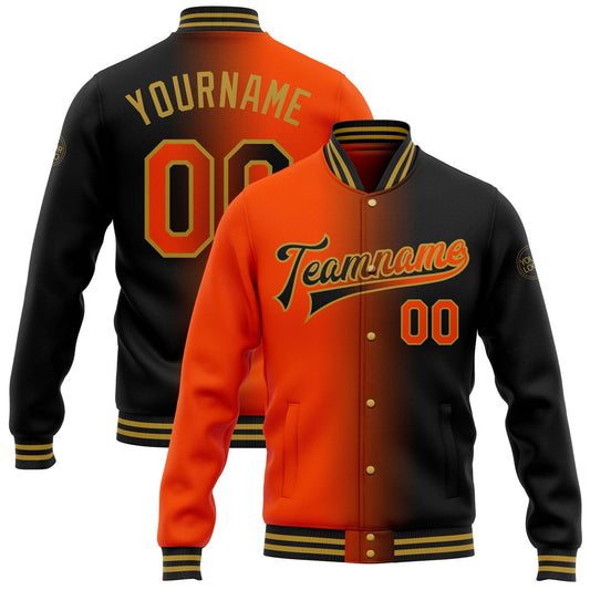Custom Black Orange-Old Gold Bomber Full-Snap Varsity Letterman Gradient Fashion Jacket - Main View