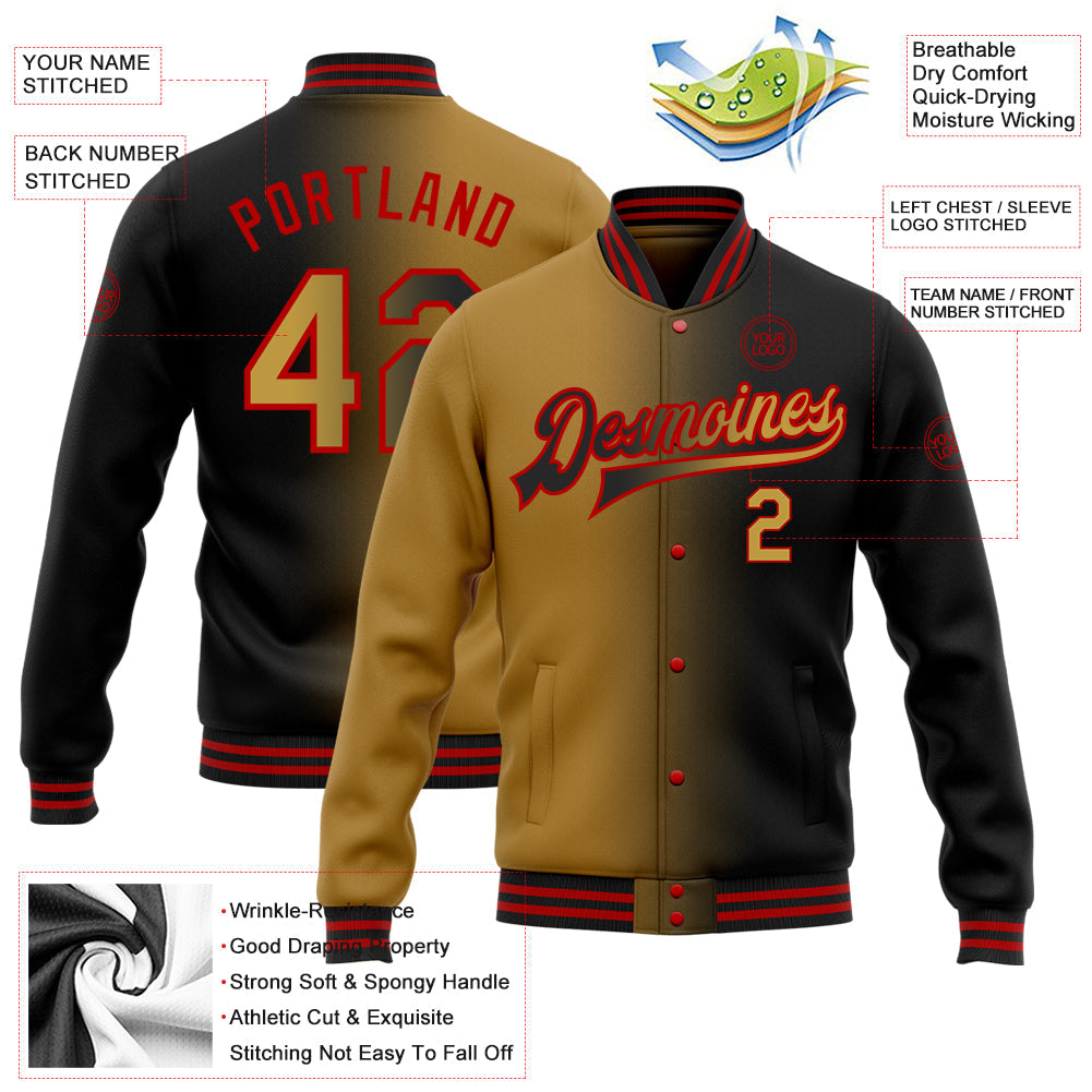 Custom Black Old Gold-Red Bomber Full-Snap Varsity Letterman Gradient Fashion Jacket view 5