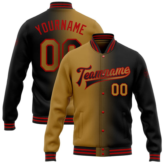 Custom Black Old Gold-Red Bomber Full-Snap Varsity Letterman Gradient Fashion Jacket - Main View