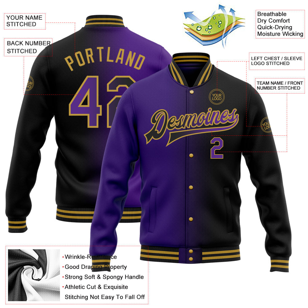 Custom Black Purple-Old Gold Bomber Full-Snap Varsity Letterman Gradient Fashion Jacket view 5