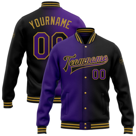 Custom Black Purple-Old Gold Bomber Full-Snap Varsity Letterman Gradient Fashion Jacket - Main View