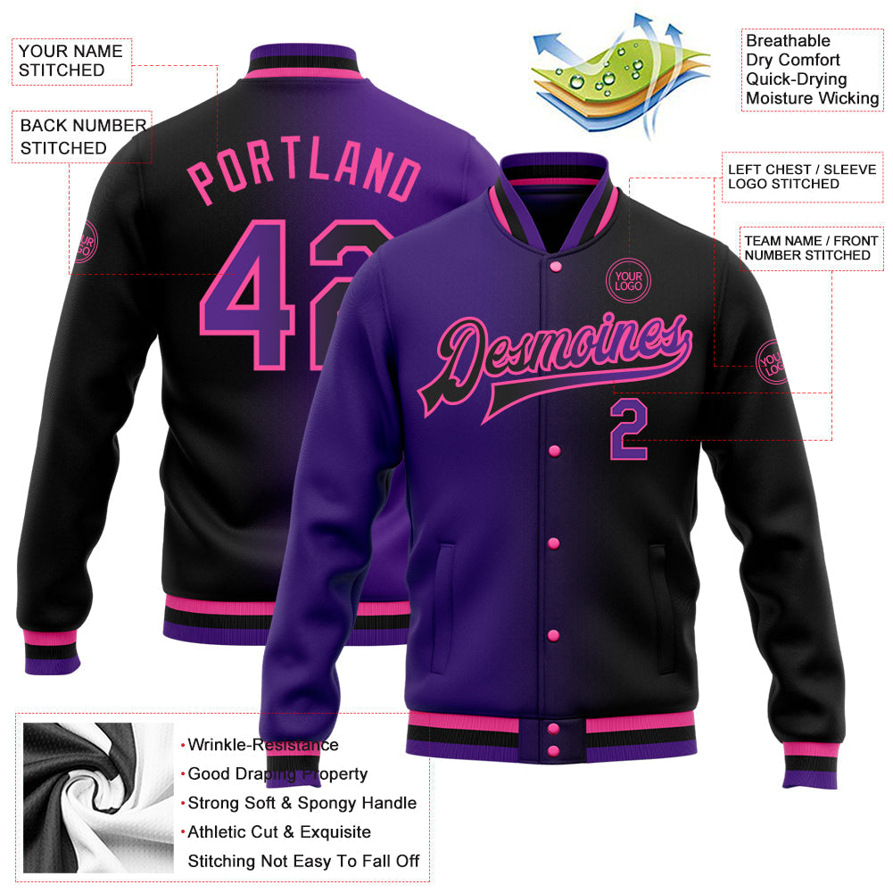 Custom Black Purple-Pink Bomber Full-Snap Varsity Letterman Gradient Fashion Jacket view 5