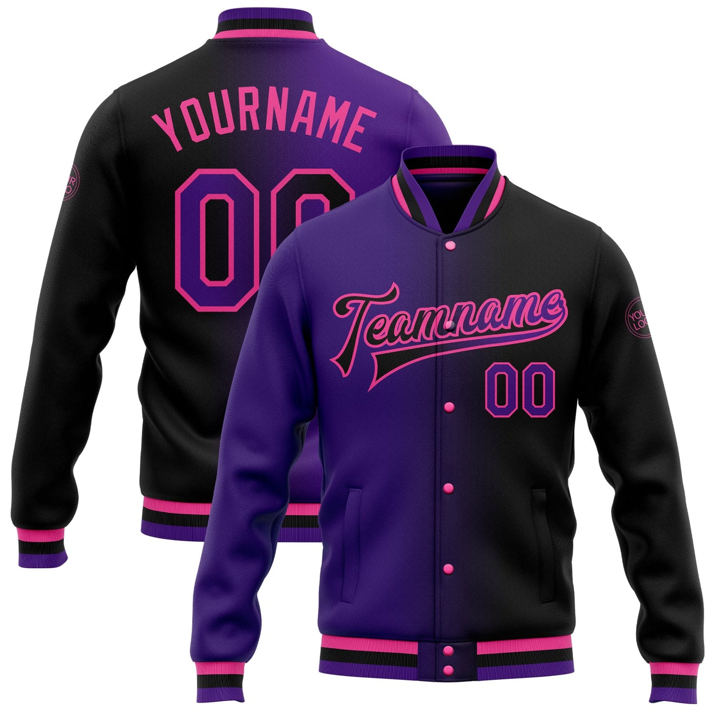 Custom Black Purple-Pink Bomber Full-Snap Varsity Letterman Gradient Fashion Jacket - Main View