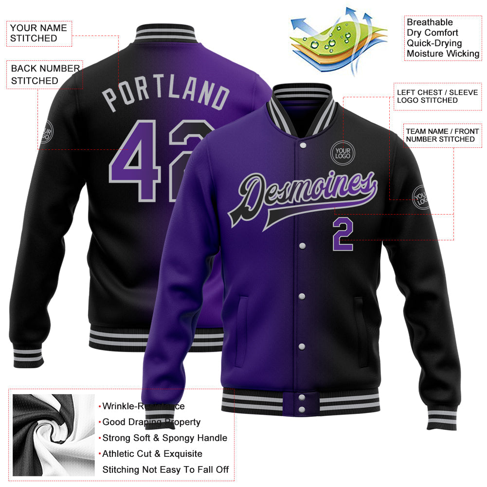 Custom Black Purple-Gray Bomber Full-Snap Varsity Letterman Gradient Fashion Jacket view 5