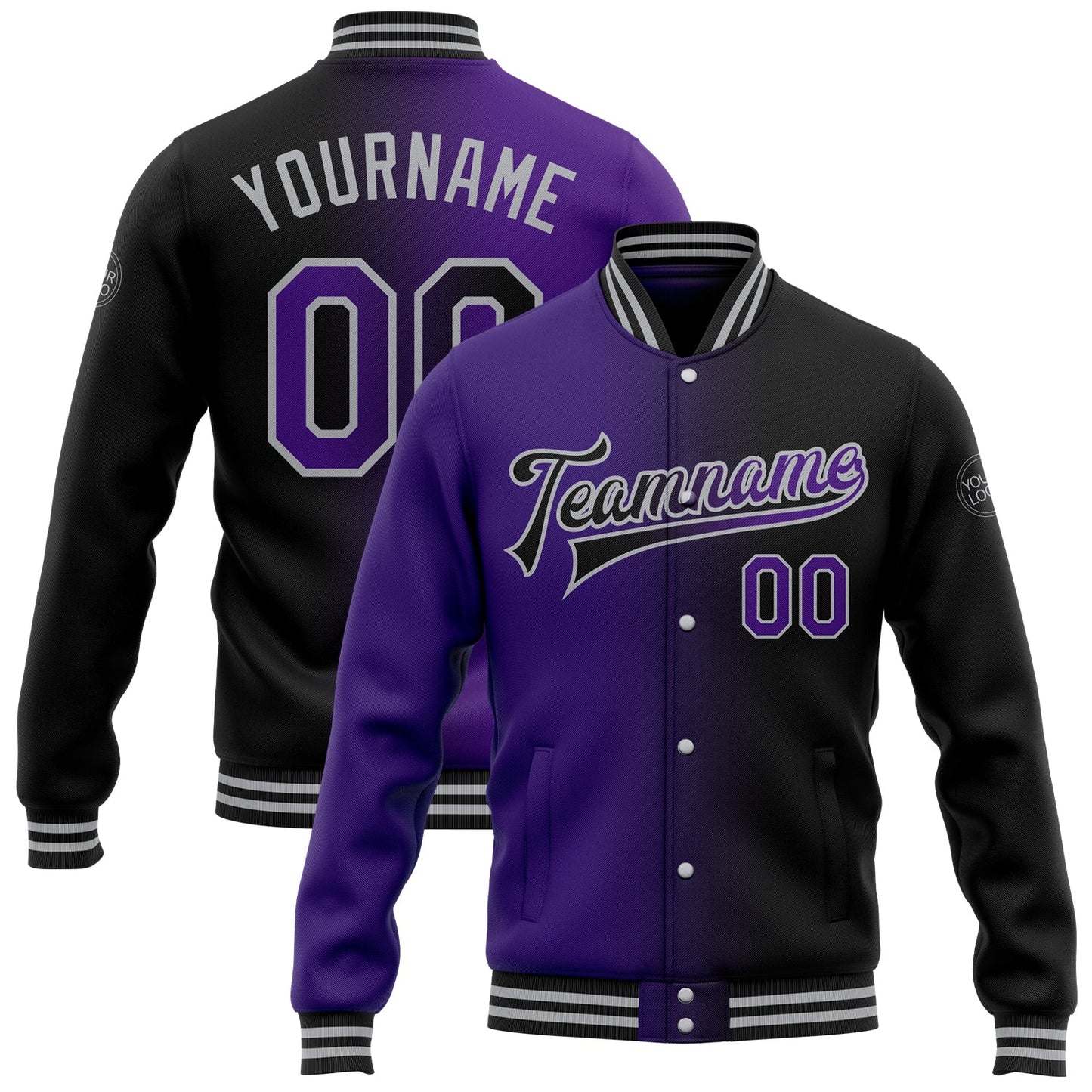 Custom Black Purple-Gray Bomber Full-Snap Varsity Letterman Gradient Fashion Jacket - Main View