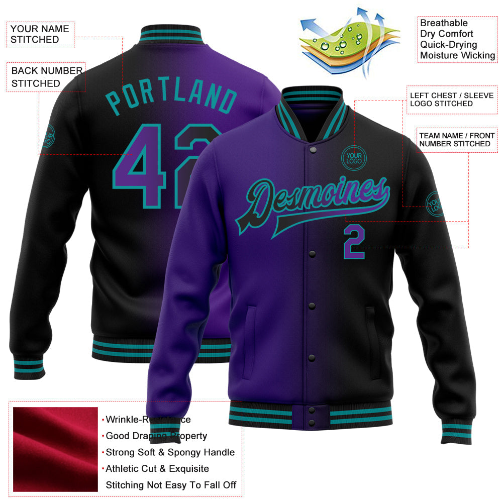 Custom Black Purple-Teal Bomber Full-Snap Varsity Letterman Gradient Fashion Jacket view 5