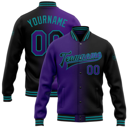 Custom Black Purple-Teal Bomber Full-Snap Varsity Letterman Gradient Fashion Jacket - Main View