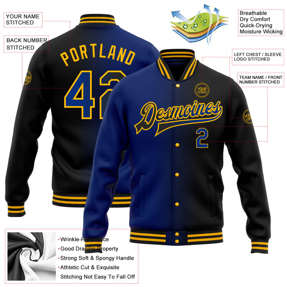 Custom Black Royal-Gold Bomber Full-Snap Varsity Letterman Gradient Fashion Jacket view 5