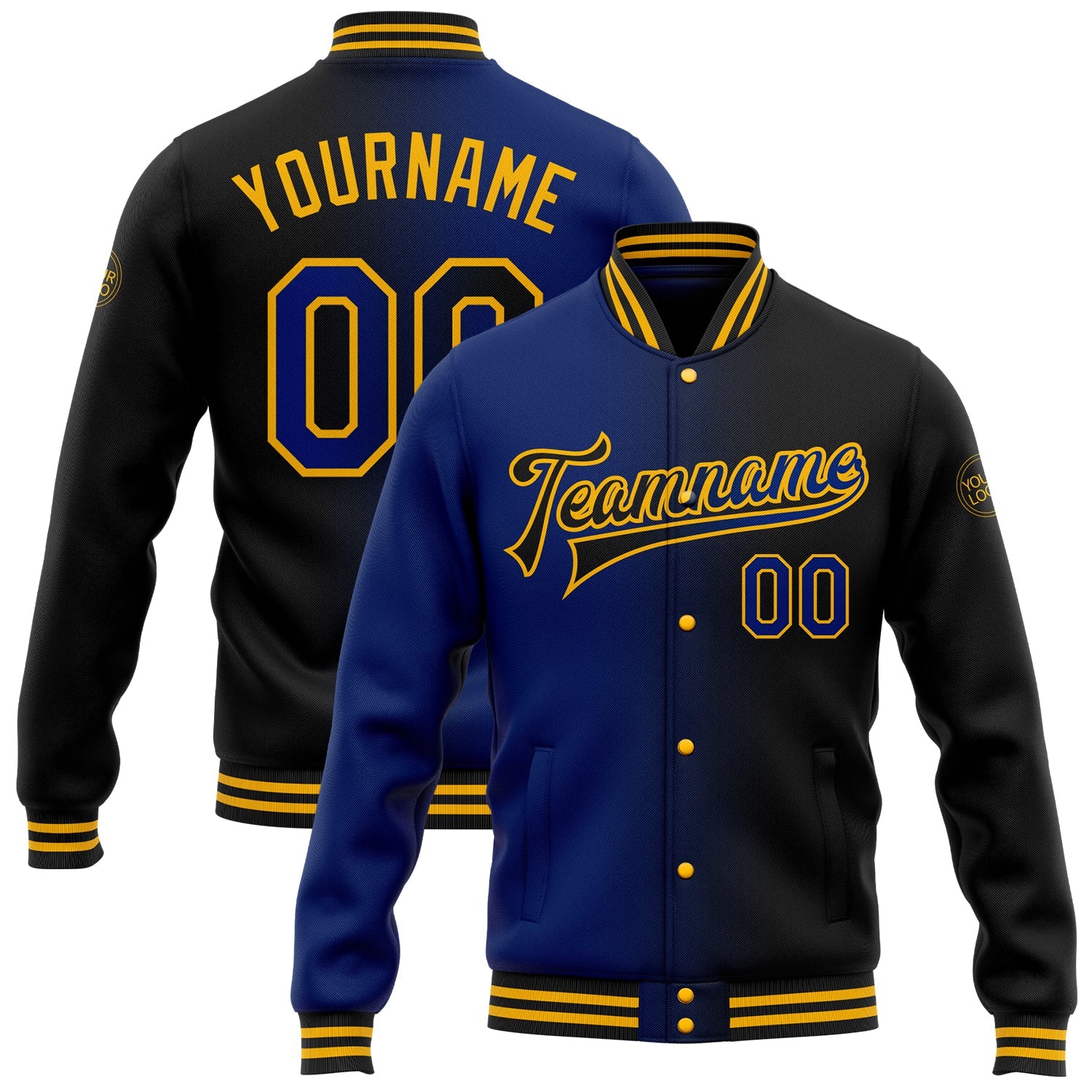 Custom Black Royal-Gold Bomber Full-Snap Varsity Letterman Gradient Fashion Jacket - Main View
