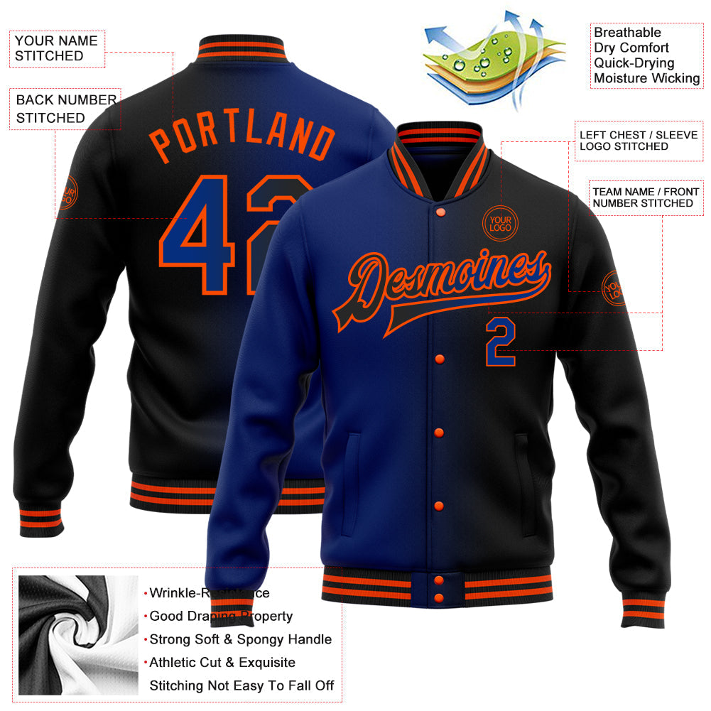 Custom Black Royal-Orange Bomber Full-Snap Varsity Letterman Gradient Fashion Jacket view 5