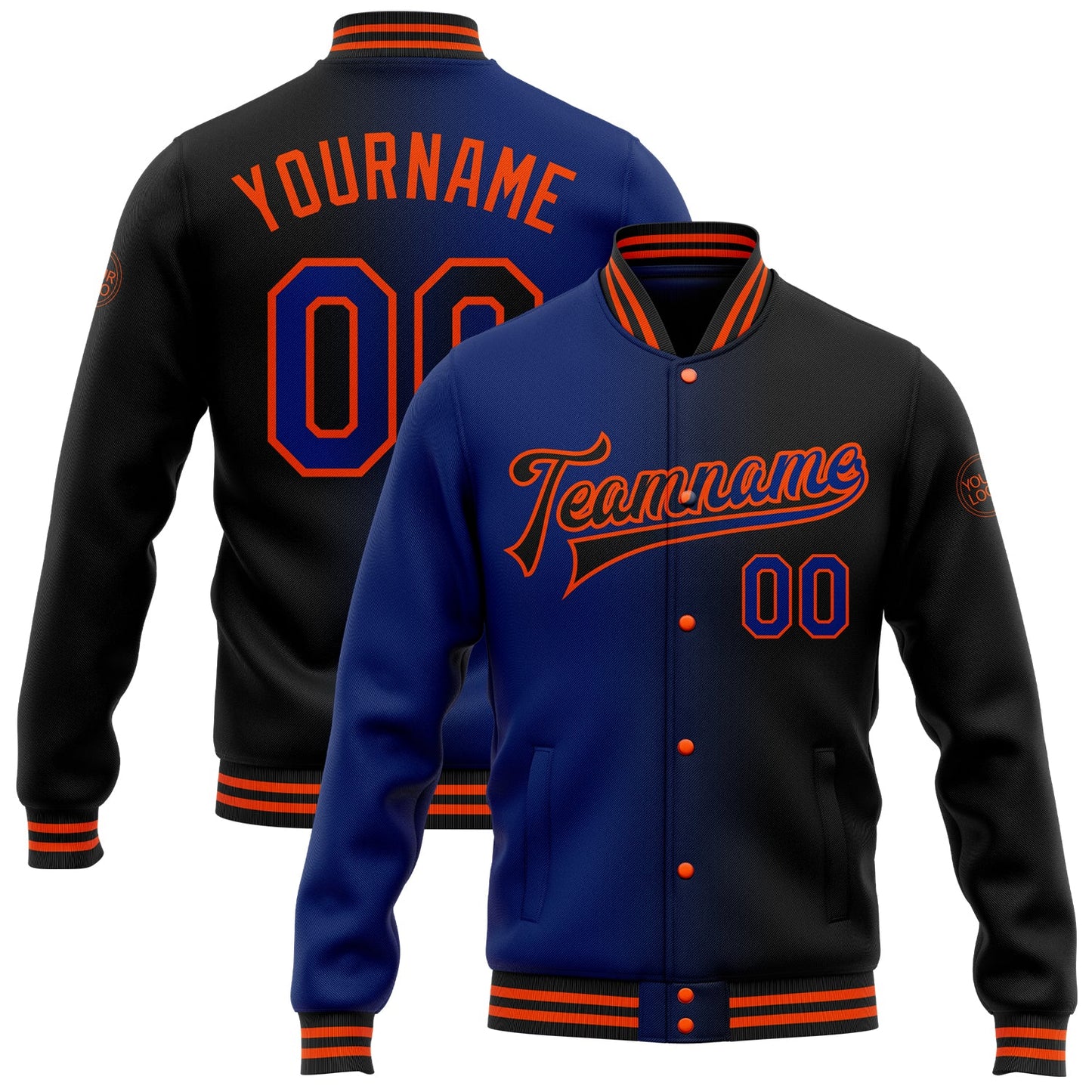 Custom Black Royal-Orange Bomber Full-Snap Varsity Letterman Gradient Fashion Jacket - Main View