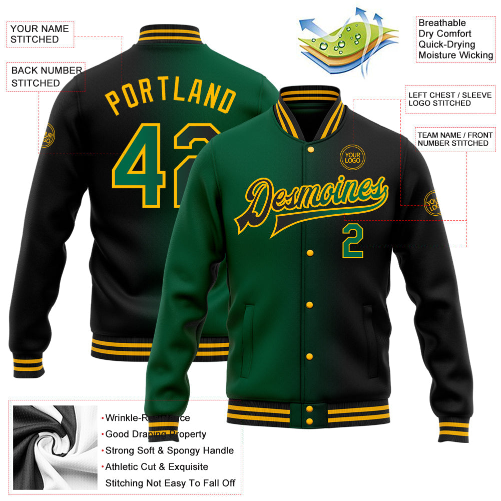 Custom Black Kelly Green-Gold Bomber Full-Snap Varsity Letterman Gradient Fashion Jacket view 5