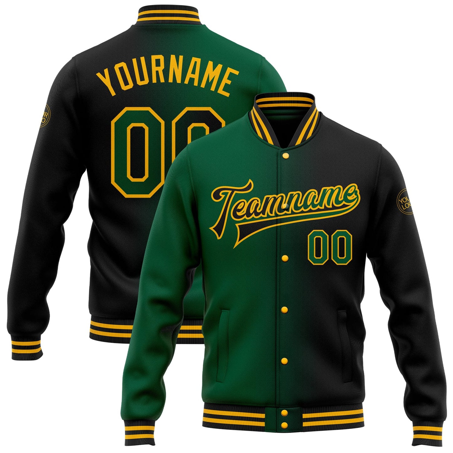 Custom Black Kelly Green-Gold Bomber Full-Snap Varsity Letterman Gradient Fashion Jacket - Main View
