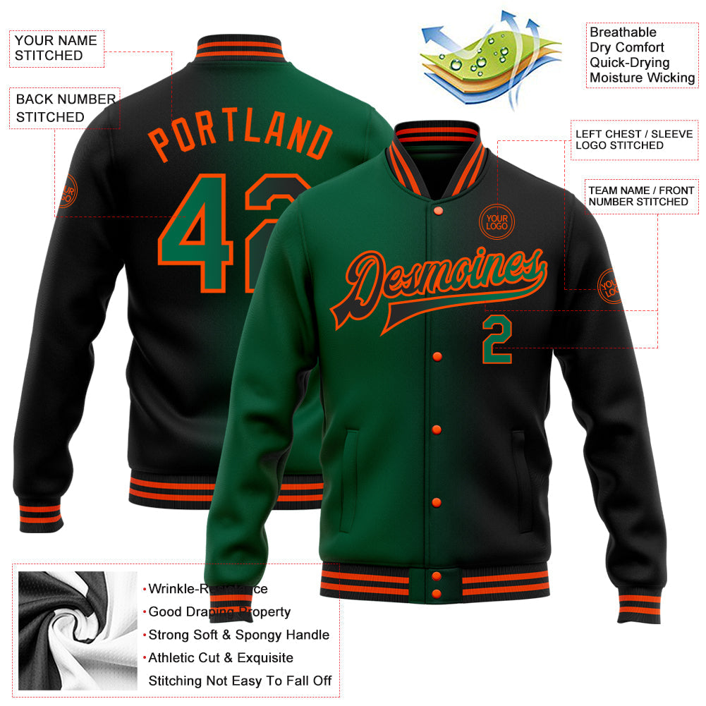 Custom Black Kelly Green-Orange Bomber Full-Snap Varsity Letterman Gradient Fashion Jacket view 5