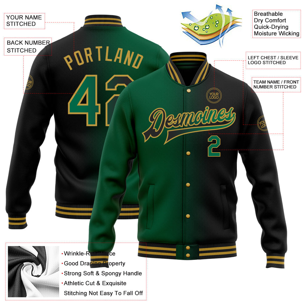 Custom Black Kelly Green-Old Gold Bomber Full-Snap Varsity Letterman Gradient Fashion Jacket view 5