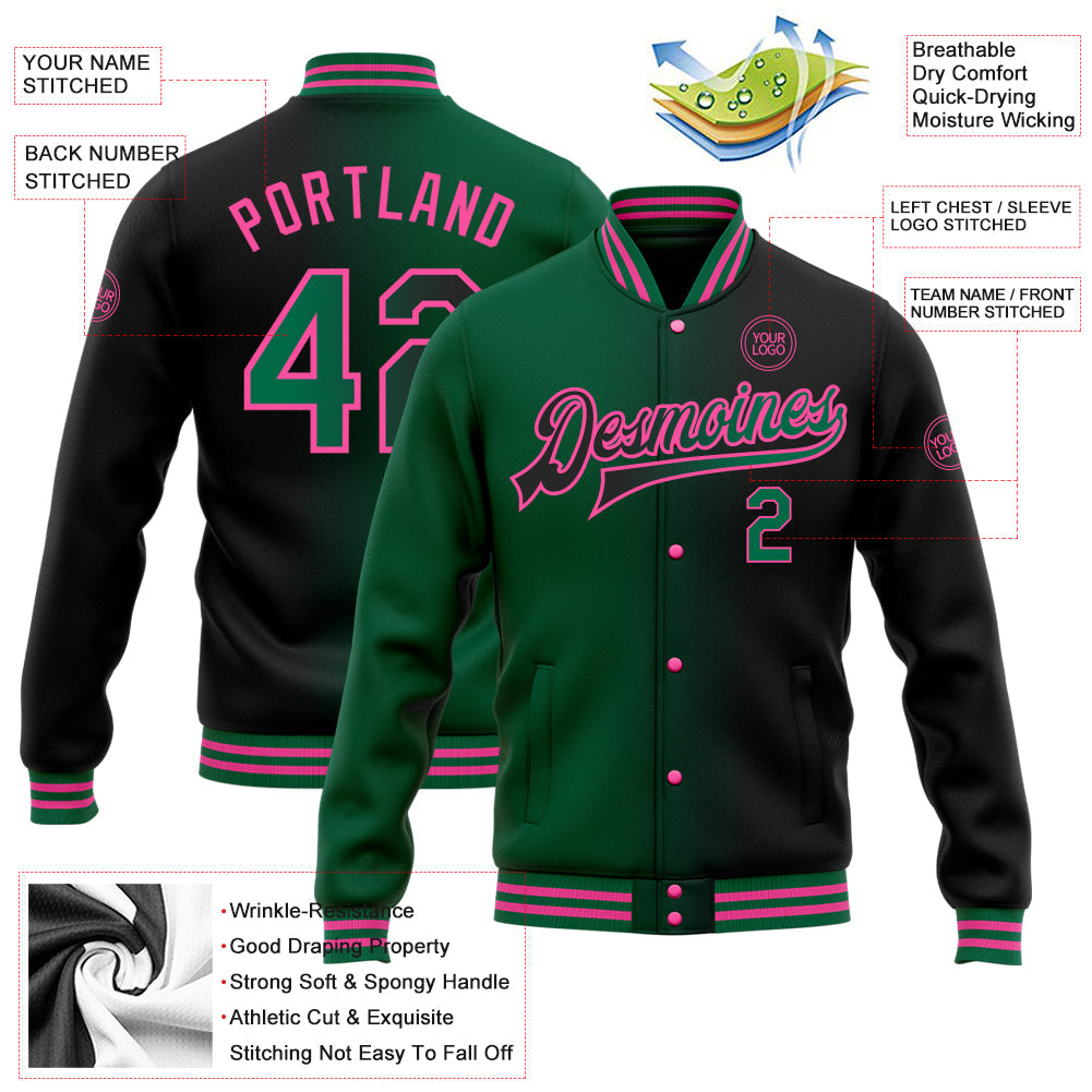 Custom Black Kelly Green-Pink Bomber Full-Snap Varsity Letterman Gradient Fashion Jacket view 5