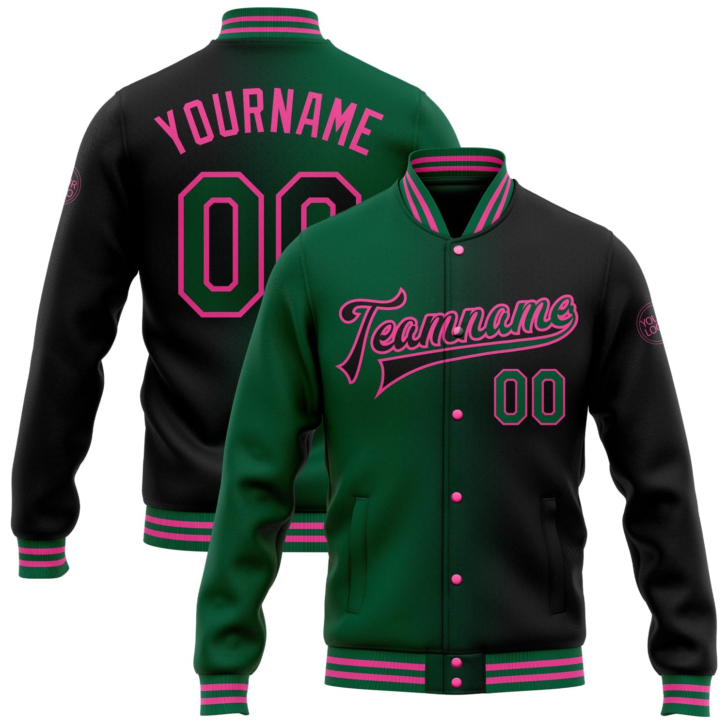 Custom Black Kelly Green-Pink Bomber Full-Snap Varsity Letterman Gradient Fashion Jacket - Main View