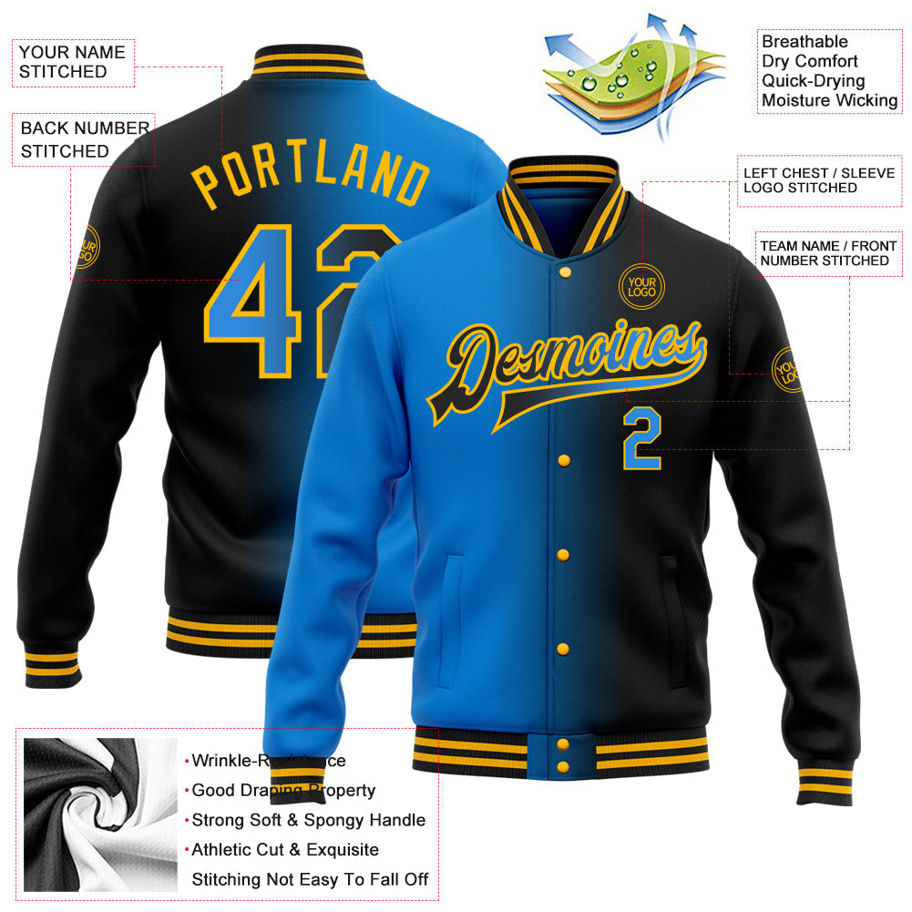 Custom Black Powder Blue-Gold Bomber Full-Snap Varsity Letterman Gradient Fashion Jacket view 5