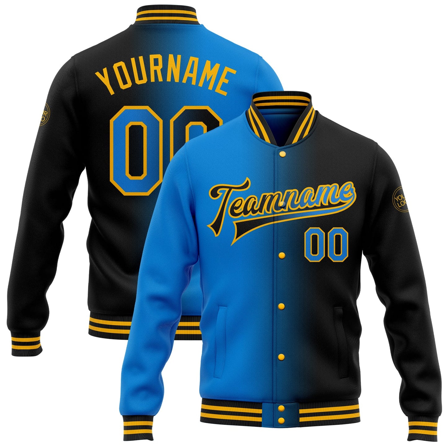 Custom Black Powder Blue-Gold Bomber Full-Snap Varsity Letterman Gradient Fashion Jacket - Main View