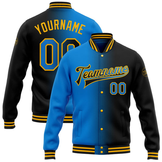 Custom Black Powder Blue-Gold Bomber Full-Snap Varsity Letterman Gradient Fashion Jacket - Main View