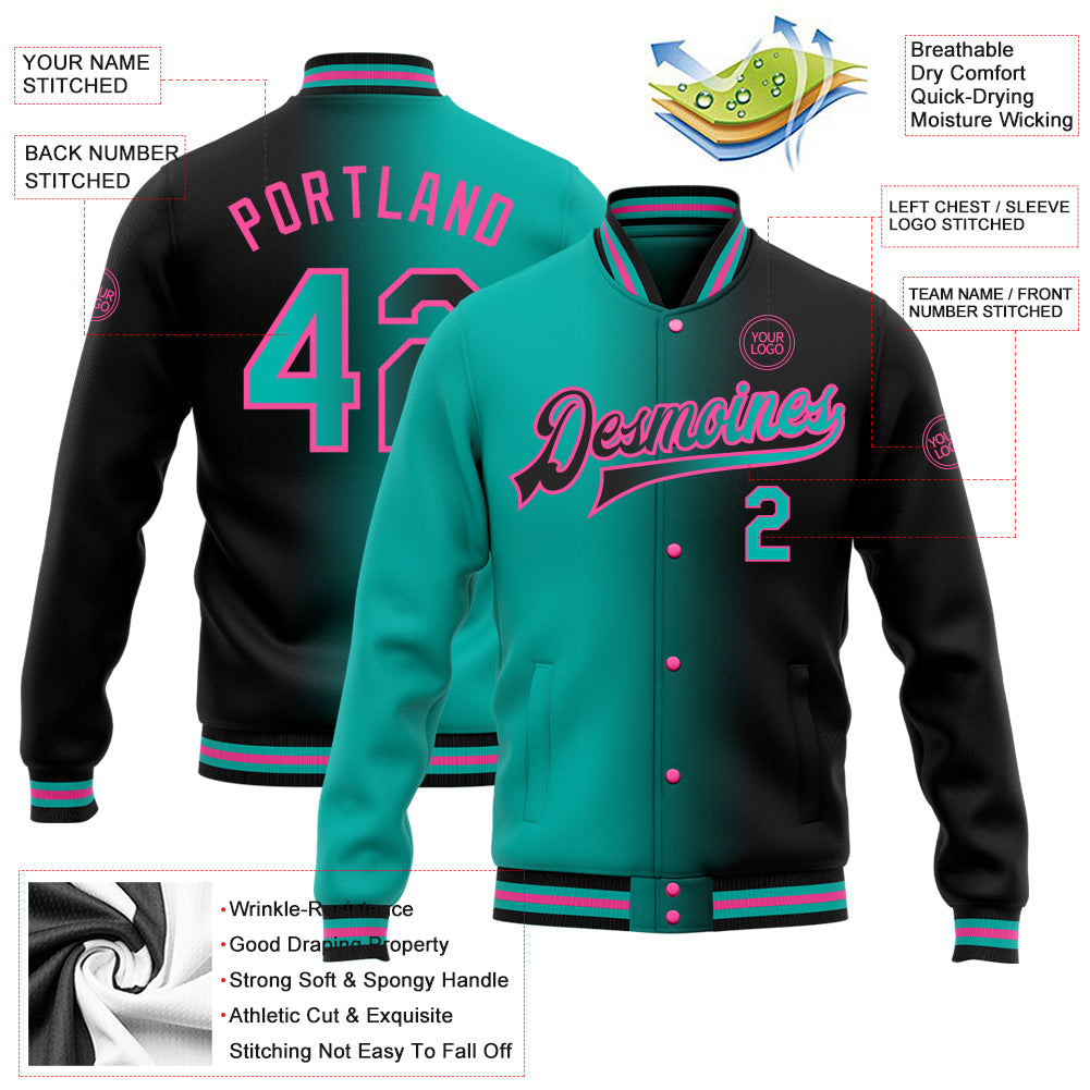 Custom Black Aqua-Pink Bomber Full-Snap Varsity Letterman Gradient Fashion Jacket view 5