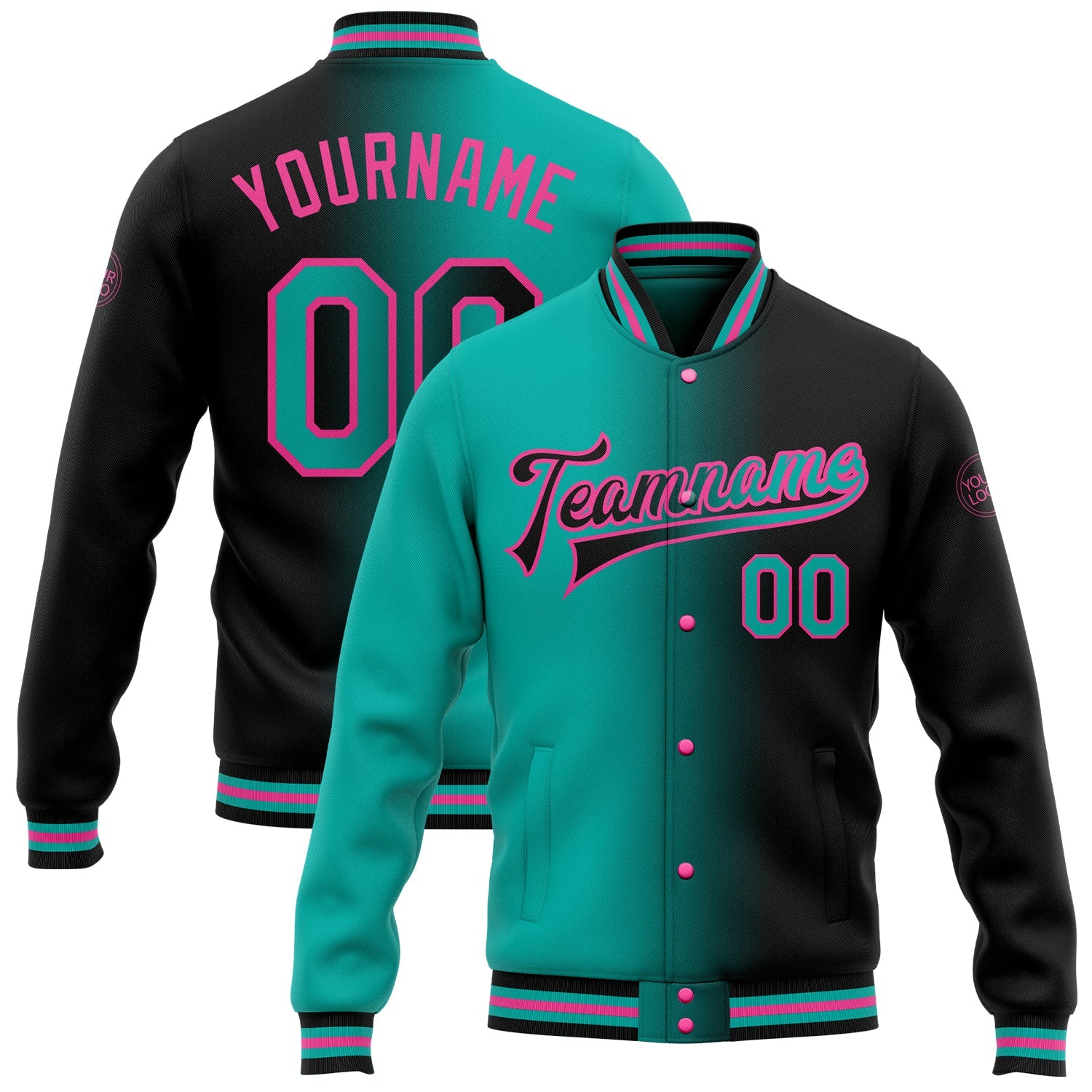 Custom Black Aqua-Pink Bomber Full-Snap Varsity Letterman Gradient Fashion Jacket - Main View